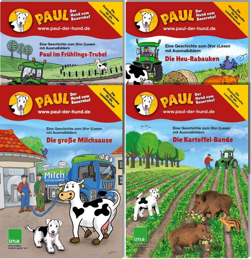 Bunte Abenteuer von "Paul, dem Hund vom Bauernhof": Die ersten vier Ausgabe der Kinderbuchreihe.