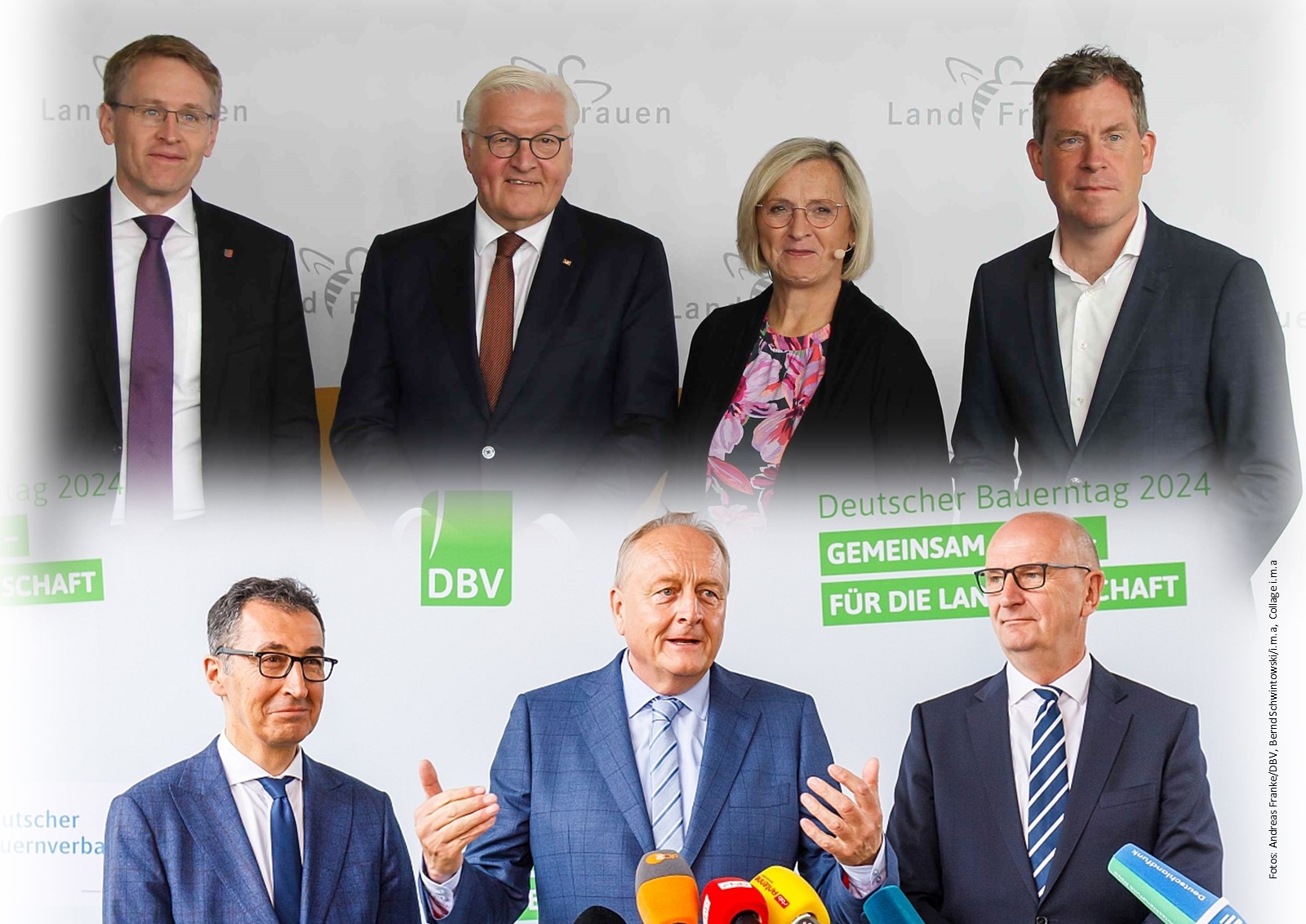 Der LandFrauentag 2024 wurde eröffnet von Bundespräsident Frank-Walter Steinmeier; hier an der Seite der obersten Landfrau Petra Bentkämper und dem Ministerpräsidenten von Schleswig-Holstein, Daniel Günther, sowie Kiels Oberbürgermeister Ulf Kämpfer (r.). Auf dem deutschen Bauerntag in Cottbus stellten sich Bauernpräsident Joachim Rukwied, Bundeslandwirtschaftsminister Cem Özdemir und Brandenburgs Ministerpräsident Dietmar Woidke (r.). den Fragen von Journalisten (Fotos: Andreas Franke/DBV, Bernd Schwintowski/i.m.a; Collage i.m.a).