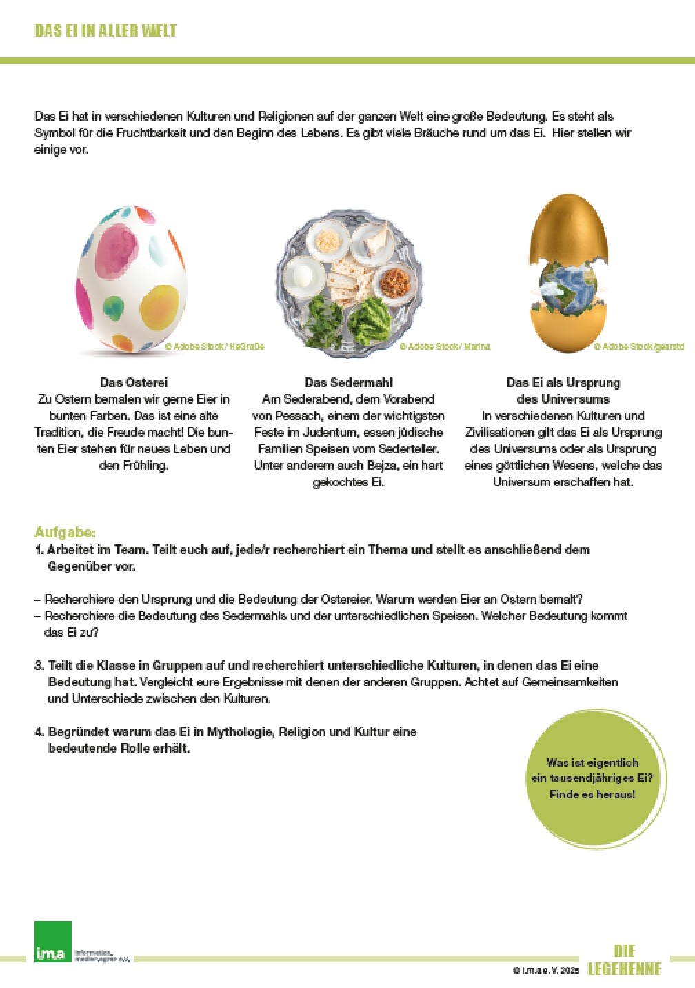 Das Ei in aller Welt: Aufgabenblatt aus dem neuen i.m.a-Unterrichtsposter.
