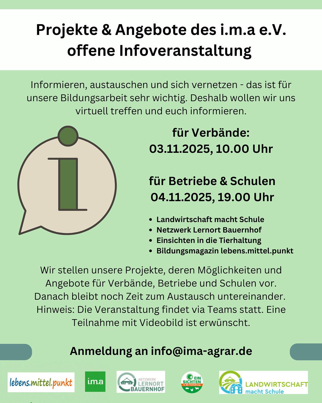 Offen für Verbände, landwirtschaftliche Betriebe und Schulen: Einladung zur i.m.a-Info-Veranstaltung.