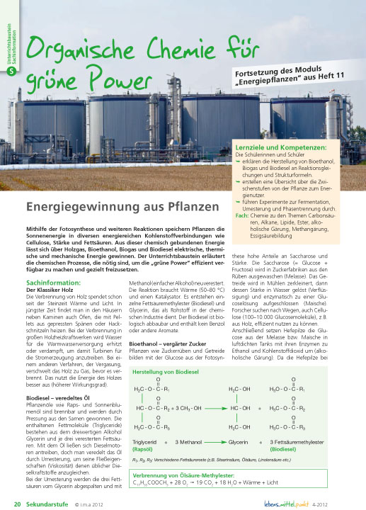 Titelbild des Unterrichtsbausteins Organische Chemie für grüne Power