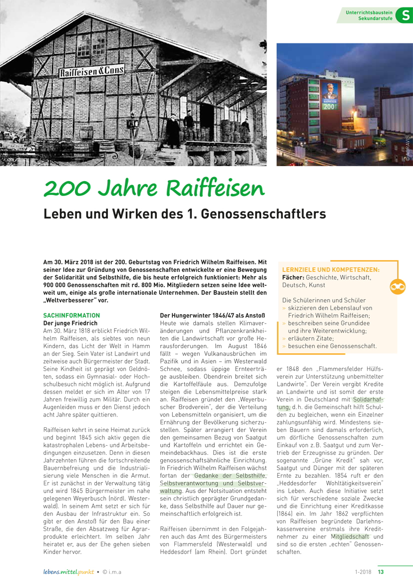 Titelbild des Unterrichtsbausteins 200 Jahre Raiffeisen